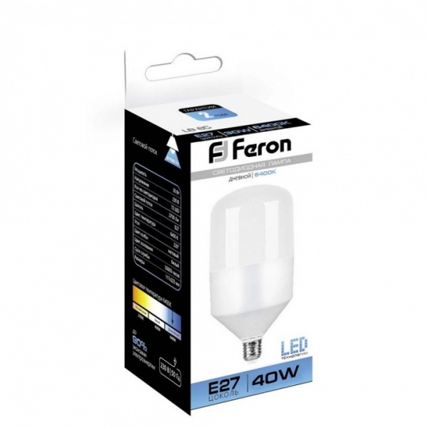 Картинка анонса товара «лампа feron led 40w с переходником е-27/е-40 6400к 3800лм lb-65 (25538)»