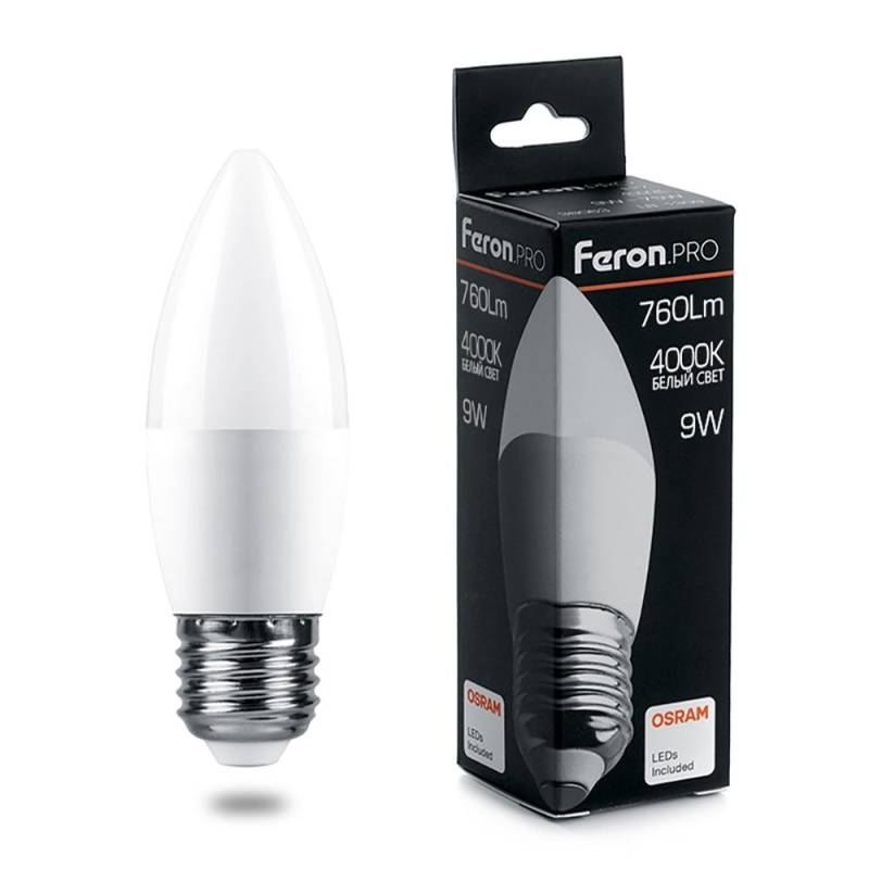 Картинка анонса товара «лампа feron pro свеча 9w е-27 4000к 760лм lb-1309 osram led (38063) распродажа»