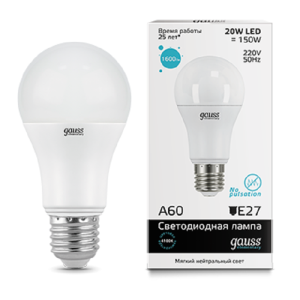 Картинка анонса товара «лампа gauss led шар a60 20w e27 4100к (elementary) 23229»