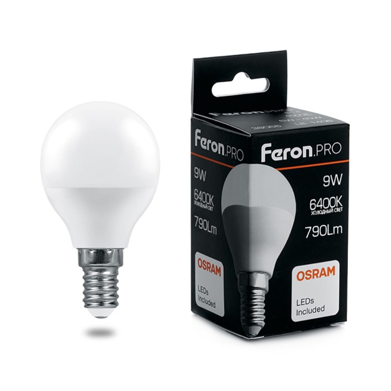 Картинка анонса товара «лампа feron pro шар 9w е-14 6400к 790лм lb-1409 osram led (38079) распродажа»