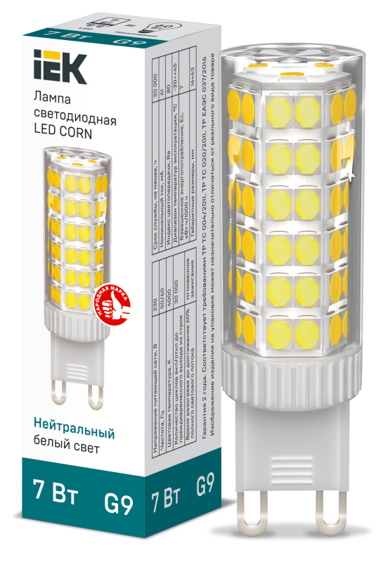Картинка анонса товара «лампа иэк led 7вт 230в g9 капсульная 4000к нейтр. бел. керамика iek lle-corn-7-230-40-g9»
