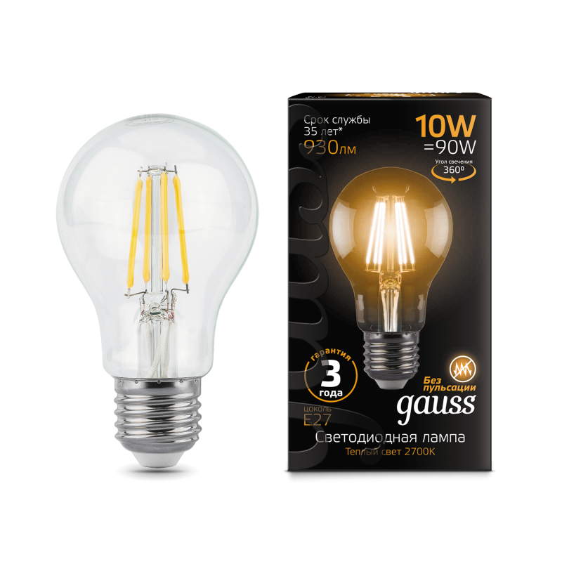 Картинка анонса товара «лампа gauss led шар a60 10w e27 2700к филаментная 102802110»